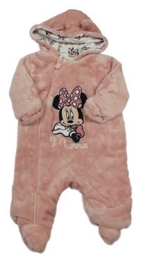 Růžová plyšová podšitá kombinéza s Minnie a kapucí s oušky Disney