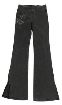 Tmavošedé flare džegíny s motýly z kamínků H&M