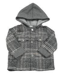 Čierno-bielo-sivá kockovaná košeľová bunda s kapucňou