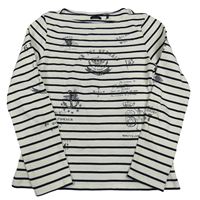 Bílo-tmavomodré pruhované mikinotriko s obrázkami a nápisom