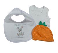 3set - Oranžová puntíkatá bavlněná čepice - dýně + bílý slinták s králíkem + bílá košilka