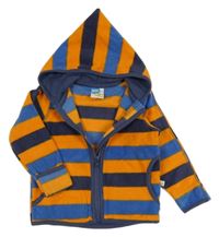 Oranžovo-modro-tmavomodrá pruhovaná fleecová propínací mikina s kapucí