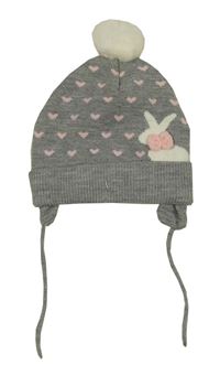 Šedá melírovaná čepice se srdíčky a králíkem C&A