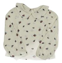 Smotanové kvetované rebrované tričko s golierikom Primark