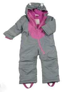 Sivo-ružová šušťáková zimná kombinéza s pruhmi a kapucňou Topomini