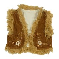 Hnedá menšestrová podšitá vesta s výšivkami květin a kožešinou