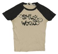 Béžovo-antracitové rebrované crop tričko so smajlíkmi H&M