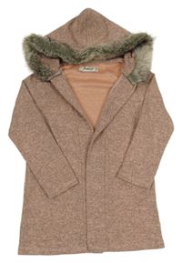 Starorůžovo-šedý melírovaný úpletový cardigan s kapucí s kožešinou 