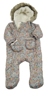 Šedo-barevná květovaná šusťáková zimní kombinéza s kapucí + rukavice F&F