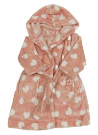 Světlerůžový plyšový župan s bílými srdíčky a kapucí George