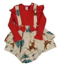 Červeno-béžový kraťasový overal se soby shein