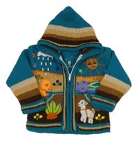 Tyrkysovo-béžový prepínaci sveter s obrázkami a kapucňou