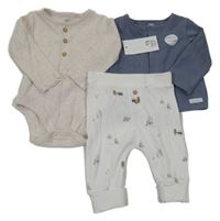 Nové - 3 set - krémové žebrované body + modrá propínací mikina + bílé lehké tepláky s obrázky F&F