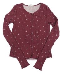 Vínové květované žebrované triko H&M