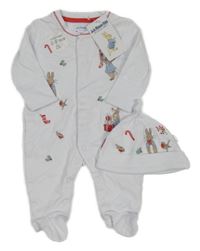Nové - 2 set - bílý overal s králíky + čepice s králíkem - Králíček Petr Jojo Maman Bébé
