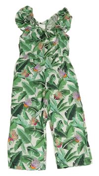 Bielo-zelený nohavicový culottes overal s lístečky a kolibříky a volánikom H&M