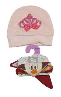 Nové - 2set - ružová čapica s korunkou + vínový slinták s Mickeym