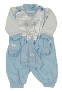 5set - Modro-biele na traké tepláky s králíčkem + bílo-modré triko + světlemodrá čepice + capáčky + rukavice