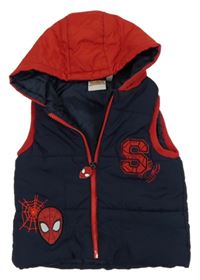 Tmavomodro-červená šusťáková zateplená vesta se Spideramenam a kapucí Marvel