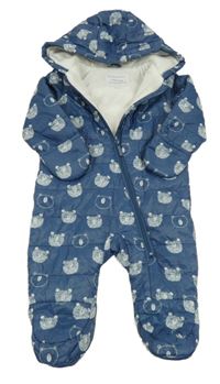 Tmavomodro-bílá šusťáková zimní kombinéza s medvídky a kapucí Primark