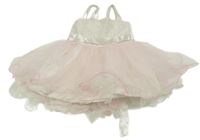 Bílo-světlerůžové slavnostní šaty s výšivkami květů a tylovou sukní 