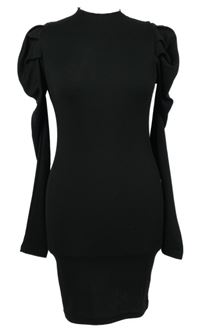 Dámské černé žebrované šaty s nabíranými rukávy Shein 