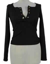 Dámské černé žebrované crop triko s knoflíčky Shein 