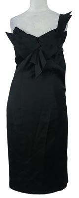 Dámske čierne saténové midi koktejlové púzdrové šaty s mašlou Karen Millen
