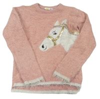 Ružový chlpatý sveter s koníkem kids