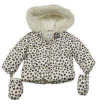 Smotanová šušťáková zimná bunda s leopardím vzoram s kapucí+ rukavice F&F