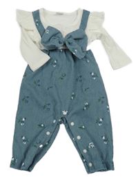 Bílo-modrý kalhotový overal s kytičkami