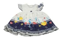 Bielo-tmavomodro-farebné šaty s mořskými tvory s čelenkou