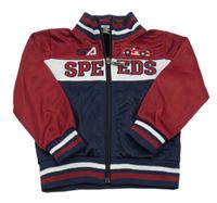 Modro-červeno-biela športová prepínaci mikina s nápismi a autom