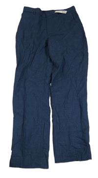 Nové - Tmavomodré melírované lněné společenské kalhoty H&M