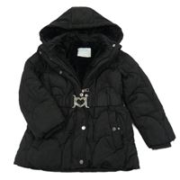 Černá šusťáková zimní prošívaná bunda s páskem a kapucí Primark