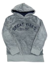 Šedo-tmavomodrá chlupatá mikina s nápisem a kapucí C&A