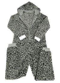 Šedo-černá vzorovaná chlupatá kombinéza s kapucí