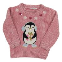 Svetloružový žinylkový sveter s tučňákem Primark