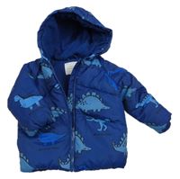 Tmavomodrá šušťáková prešívaná zimná bunda s dinosaurami a kapucňou Primark