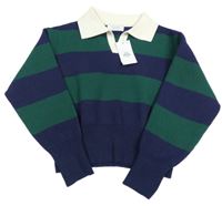 Nové - Tmavomodro-zelený pruhovaný vlnený crop sveter s golierikom Primark