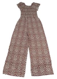 Hnědo-bílý vzorovaný žabičkový kalhotový letní lněný overal C&A