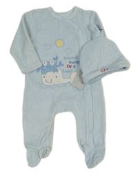 Nové - 2set - Světlemodrý sametový overal s velrybou + čepice Early Days