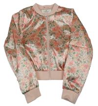 Světlerůžová saténová květovaná crop podšitá bunda H&M