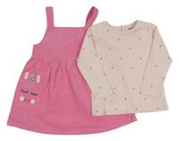 2set - Růžové manšestrové šaty s jednorožci + světlerůžové puntíkaté triko Primark