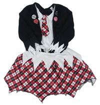 Kockovaným - Čierno-červeno-biele kárované halloweenské šaty s kravatou