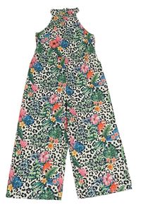 Smetanovo-černý vzorovaný kalhotový culottes overal s květy a lístečky