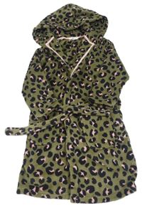 Khaki-černo-růžový vzorovaný plyšový župan s kapucí M&S