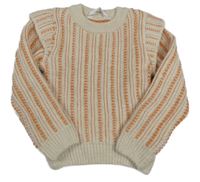 Smetanovo-oranžový pruhovaný rebrovaný sveter s volánikmi M&S