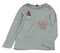 Šedé melírované triko s nápisy a písmenkem s flitry S. Oliver