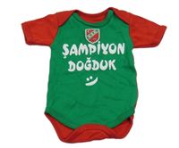 Tmavozeleno-červené body s nápisy a smajlíkem a erbem